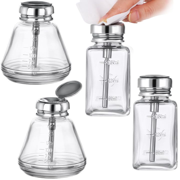 Asany 4 Pcs Clear Glass Bottle with Metal Flip Cover - 6 Oz/ 180 ml Push Down Pump Dispenser for Nail Polish and Makeup Remover