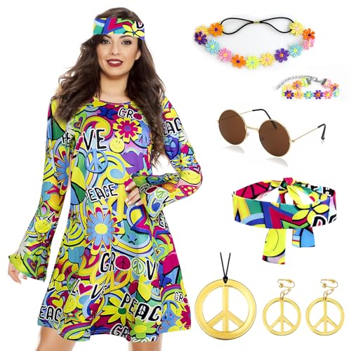 Grantop Conjunto de disfarce hippie para mulher, vestido e acessórios hippie, vestido hippie dos anos 70, com colar, brincos, óculos de sol, fantasia de disco (estilo 2, XL)