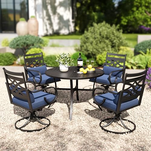 PHI VILLA Outdoor Swivel Chairs Set of 2, Patio Wrought Iron Dining Chairs with Blue Cushions and Pillows, All Weather Heavy-Duty Black Metal Steel Seating Furniture for Outside Deck, Porch, Backyard - Image 3
