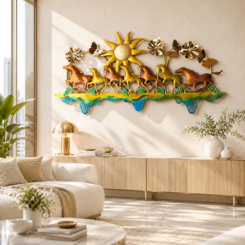Image of Framing Hub - Large Metal Wall Decorative Multicolor Seven Running Horses with Sunrise Floral Design Wall Hanging Decor for Vastu Living Room (51 x 25 Inch)