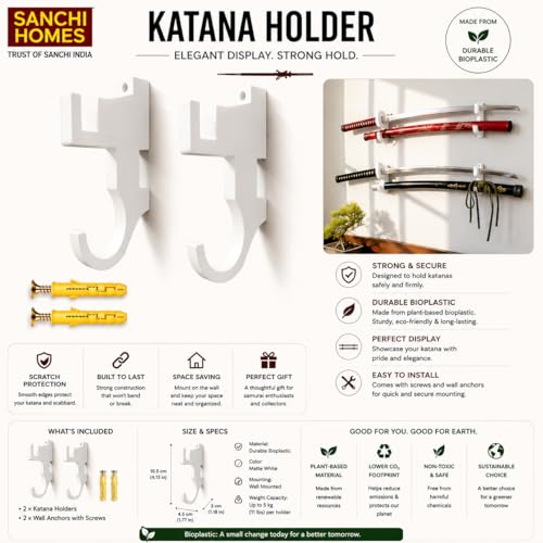 Image of Double Rack Katana holder Wall Mount | Traditional Japanese Style | Dual Slots for Sword & Saya for Samurai, Anime & Decorative Swords | Easy Installation | Bioplastic | White (White)