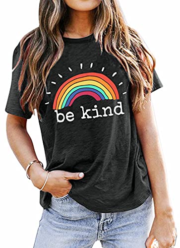 EGELEXY Be Kind T Shirt Women Rainbow Print Graphic Tees Tops Funny Inspirational Saying Casual Short Sleeve Tops Shirts
