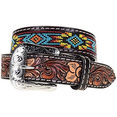 Western Fashion Accessories Kids Twisted X Beaded Belt with Floral Tooling Brown 28 Cover