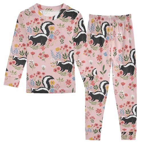 Pajama Sets Long Sleeve Floral Pattern with Skunks Soft Comfy Sleepwear 2 Piece PJS 3-8T
