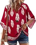 Bebonnie Womens Peasant Tops and Blouses: 3/4 Sleeve Dressy Casual V Neck Boho Tops - Linen Beach Vacation...