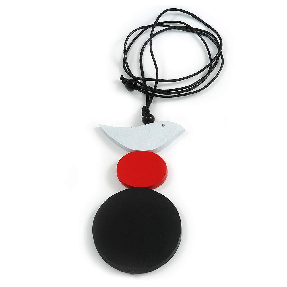 Avalaya Ciondolo a forma di uccellino e perline in legno nero, rosso, bianco, con cordoncino in cotone nero, regolabile, lunghezza 84 cm, ciondolo 11 cm
