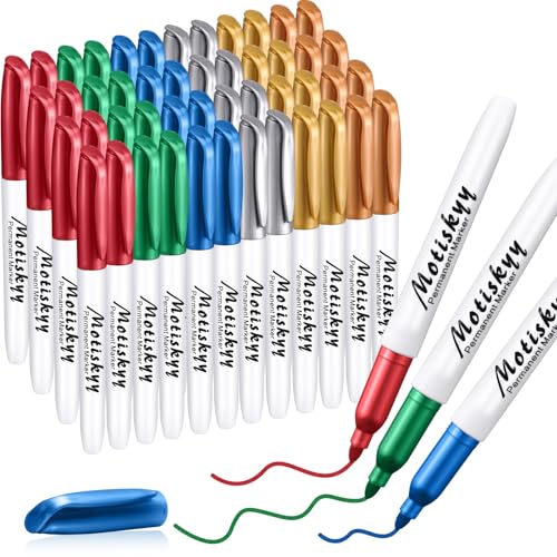 Image of Motiskyy 48 Pcs Metallic Permanent Markers Bulk Metallic Marker Pens Medium Tip Quick Dry Paint Pen for DIY Crafts Artist Illustration Gift Card Making(Colorful)