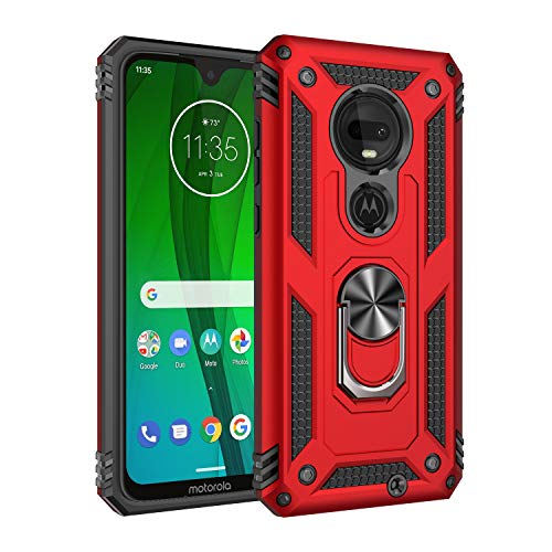 Rebex Compatible with Moto G7 Case Cover,Moto G7+ Plus Case,Tough Heavy Protective 360 Metal Rotating Ring Kickstand Holder Grip Magnetic Metal Armor Heavy Duty Shockproof(Red)