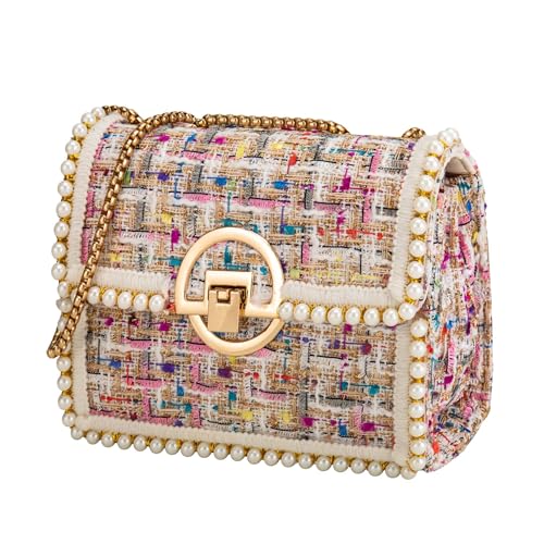 FGJKKK Quilted Shoulder Bag Purse for Women Fashion Tweed Pearl Clutch Handbag Designer Small Crossbody Bag, with Chain Strap (Colour)