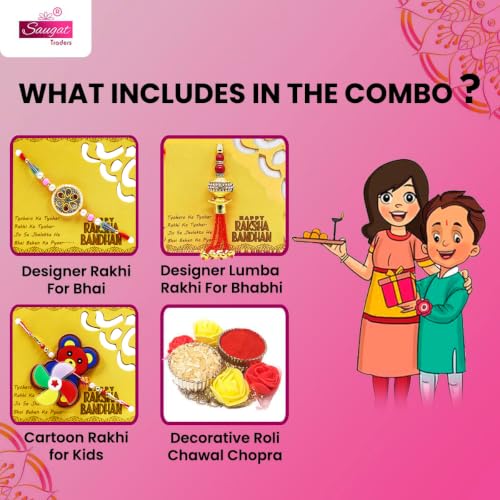 Image of Saugat Traders Mens Family Rakhi Combo For Bhaiya-Bhabhi And One Kid With Decorative Roli Chawal Chopra-Cartoon -Lumba-Designer-Bhai Nephew Bhatija, Set Of 3