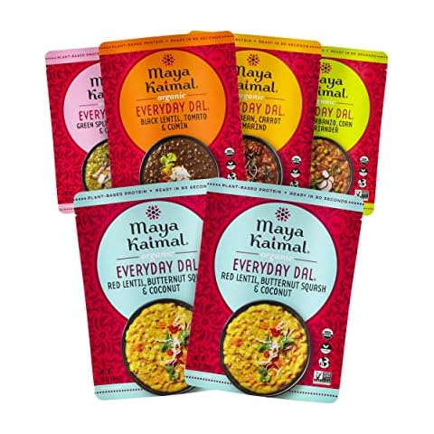 Maya Kaimal Foods - Organic Indian Everyday Dal - 6 pack variety of 10oz Ready to Eat Meals - Fully Cooked - Vegan - Kosher - Microwavable - made from Lentils, Beans, Squash, Coconut, Peas Cover