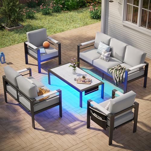 Bestier-5-Piece-Outdoor-Aluminum-Patio-Furniture-Set-LED-Modern-Patio-Conversation-Set-with-5-Grey-Cushion-and-Marble-Texture-Coffee-Table-for-Balcony-Backyard-and-Poolside Bestier 5 Piece Outdoor Aluminum Patio Furniture Set LED Modern Patio Conversation Set with 5 Grey Cushion and Marble Texture Coffee Table for Balcony Backyard and Poolside