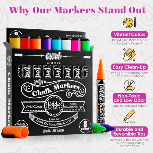 Loddie Doddie Liquid Chalk Markers - 8-Pack, 6mm Reversible Chisel & Bullet Tips - Erasable Neon Pens for Blackboard or Chalkboard - Chalk Markers for Blackboard - Thumbnail 2