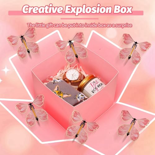 Halinuia Schmetterling Explosion Geschenkbox Fliegende Schmetterlinge überraschungsbox 14,2x14,2x12,4 CM Surprise Box Rose Geschenkverpackung Geburtstag Bastelset für Valentinstag Weihnacht Muttertag