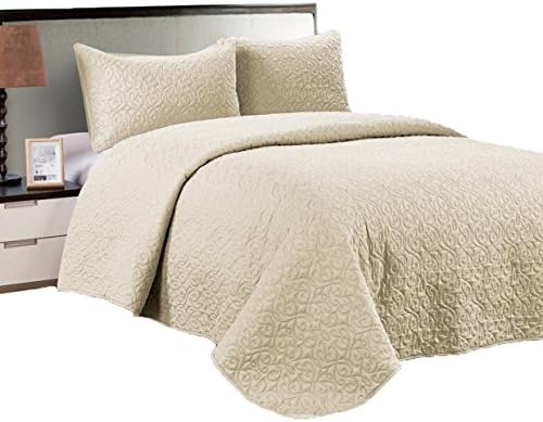 Prewashed 3 PC Solid Color Soft Pattern Coverlet Quilt Set, Ivory, Queen