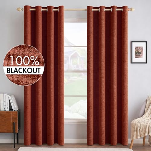 Image of MIULEE 100% Blackout Linen Curtains for Bedroom Thermal Insulated Burnt Orange Grommet Room Darkening Curtains & Drapes Rust Terracotta Fall Decor for Living Room 52 x 84 Inch (2 Panels)