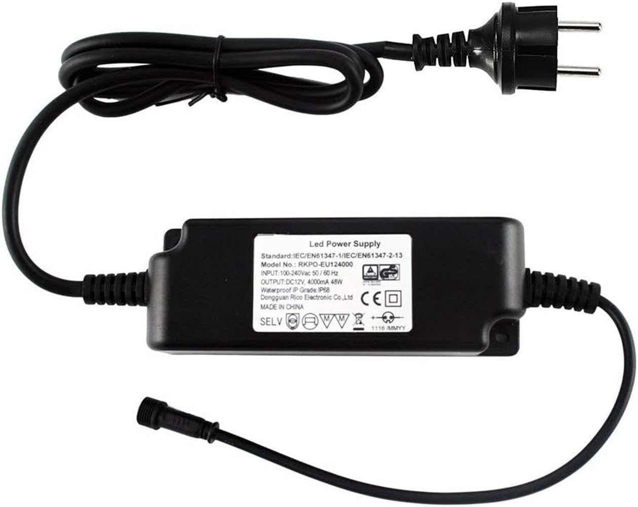 Fuente de alimentación LED de 12 V 48 W IP67 resistente al agua, transformador de 230 V a 12 V CC 4 A, transformador LED con conector de 1,8 m y cable de conexión de 0,5 m para exteriores, tira LED