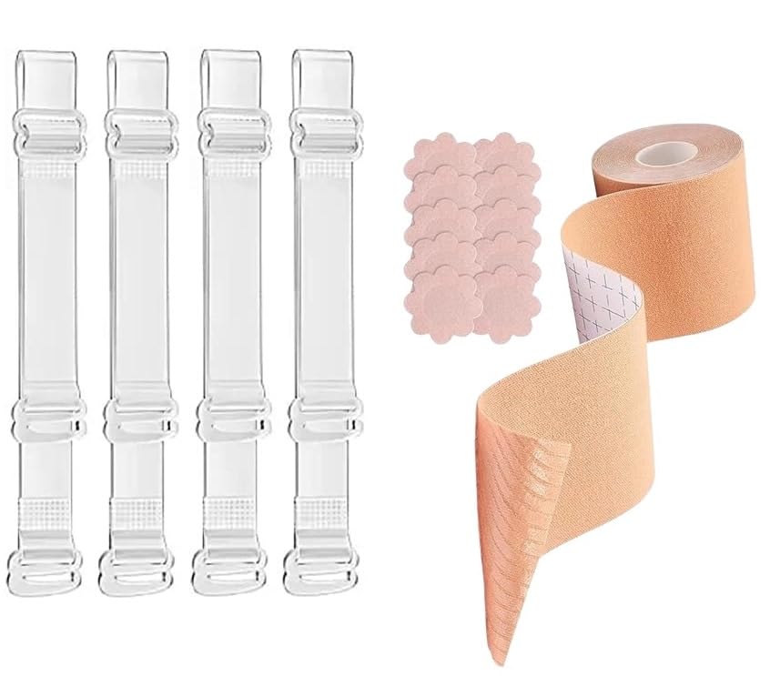 2pair Clear Bra Strap Non-Slip Adjustable Bra Strap Transparent Shoulder Strap Boob Tape with Body Tape for Breast Lift 10 Nipple Pasties(Boob Tape + 2pair Transparent Straps)-image-29