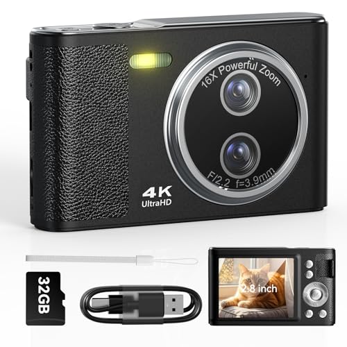 32GB Camara de Fotos Digital Portátil: 48MP Cámara Digital Compacta para Vlogging con Pantalla 4K de 2,8', 16X Zoom Auto Focus Recargable Camaras Fotografica para Niño Principiante