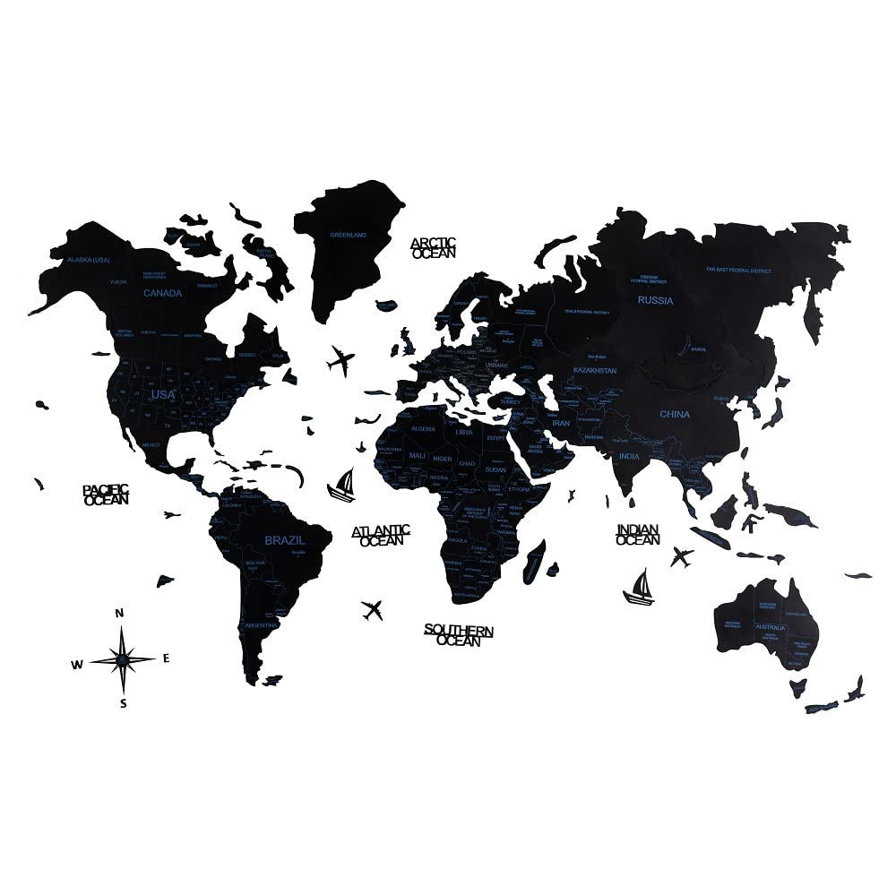 Wooden Art Studio 2D Colored Wooden World Map Obsidian Black |Office Décor|Living Room Wall Décor|Map for Wall - Basic Size (XL-200 X 120 cm)