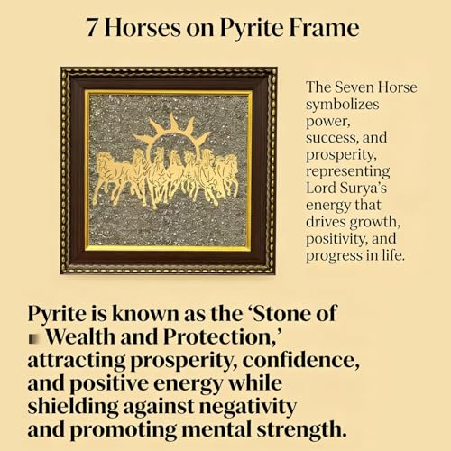Image of ZENVIBES Original Pyrite Stone Frame with Vastu 7 Seven Running Horses & Sun | Wooden Photo Frame Wall Decor for Money, Wealth, Success & Protection | Certificate of Authenticity | 7x7 Inch Wall & Desk Decor