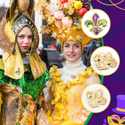 Image of 12PCS Crystal Mardi for Gras Brooches for Women | Fleur De Lis Mask Crown Design, Sparkling Mardi for Gras Jewelry Gift, Holiday Party Ladies Accessories