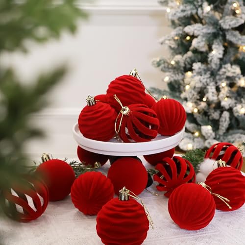 Image of 20Pcs Red Velvet Christmas Ornaments Set,2.36In Flocked Ornaments Balls | Velvet Ornaments For Christmas Tree Decor;Holiday Christmas Decor;Christmas Decoration;Shatterproof Plastic Christmas Balls