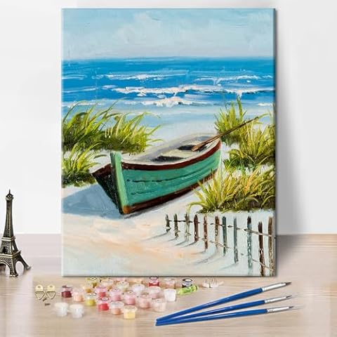 TUMOVO Paint by Number for Adults Beach Scene Oil Painting for Adults Kids Paint by Number Boat in The Sand Adult Paint by Number Kits On Canvas Acrylic Painting Paint-by-Number Kits, 16 x20 Inch Cover