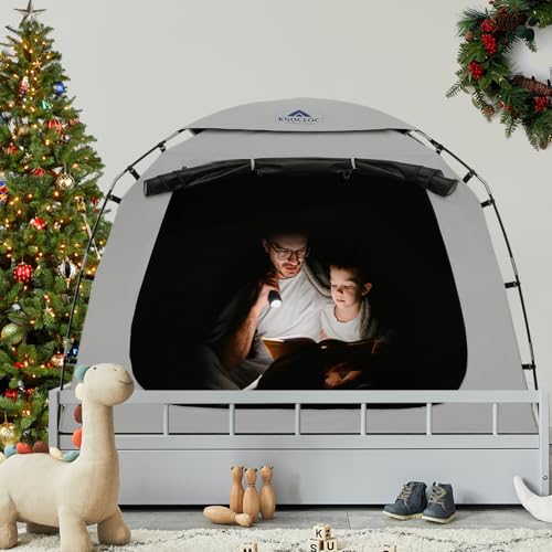 KNOCLOC Blackout Bed Tent Twin for Kids, CPC Certified, Sensory Bed Tent for Autism Children, Adult, with Large Top Vent & Long Lasting Design(Silver, Twin)