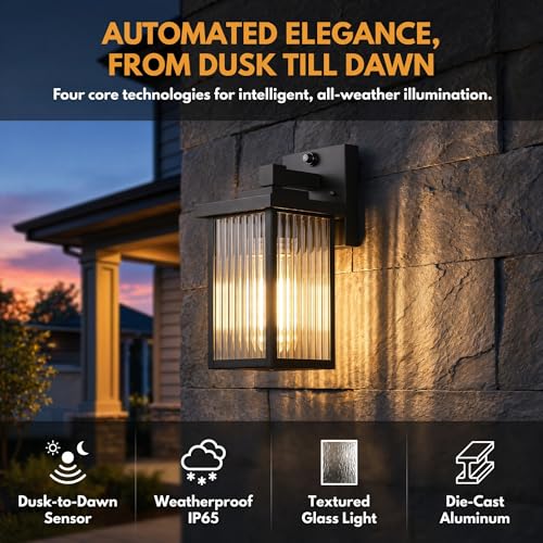 Image of Dusk to Dawn Outdoor Wall Light Fixture, Waterproof Exterior Porch Light with Tempered Glass for House Front Door Garage Patio