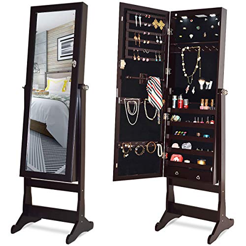 CHARMAID 2 LEDs Standing Jewelry Cabinet with Full Length Mirror, Lockable Mirrored Jewelry Armoire Organizer with Scarf/Bracelet Rod and 2 Drawers, Large Storage Capacity, 4 Adjustable Angle (Brown)