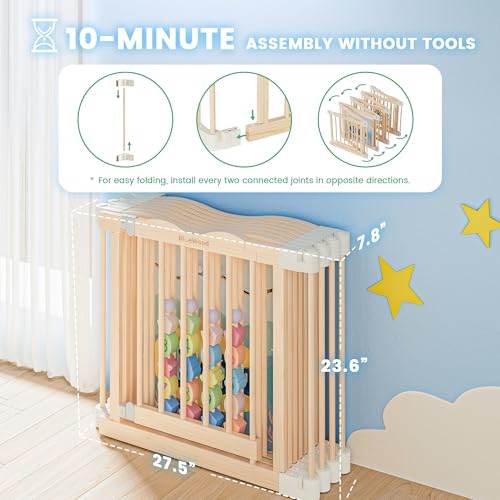 Foldable Wooden Playpen, 55 x 55 x 24 inches, Ocean Adventure, Natural