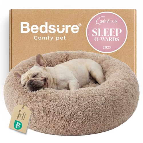 Bedsure Calming Dog Bed Medium Size Dog - Donut Washable Medium Pet Bed, 30 inches Anti-Slip Round Fluffy Plush Faux Fur Cat Bed, Fits up to 45 lbs Pets, Camel