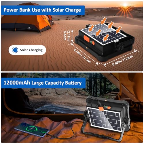 MASMEJOR 100W LED Baustrahler Akku mit Solar 10000LM Tragbare Arbeitsleuchte, 12000mAh LED Strahler Akku, 4 Lichtmodi, Campinglampe Tragbar Ideal für Camping, Arbeit, Angeln, Garage