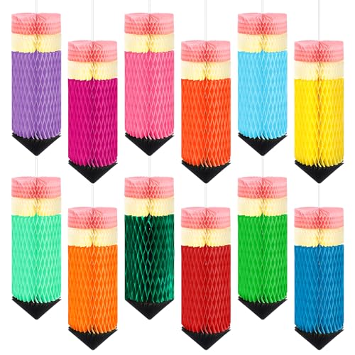 COCHIE 12 Pcs Pencil Hanging Honeycombs Classroom Decor - Back to School Ceiling Decorations, First Day of School Party Supplies, Colorful Tissue Paper Honeycomb Decor for Teachers, Homeschool (A)