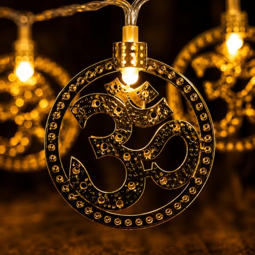 Image of MoonlitDreams Om LED String Lights, 3 Meter Metallic 3D Om Pendant Decorative Lights, Warm White Fairy Lights for Pooja Room, Mandir, Diwali & Festive Home Decoration (Plug-in)