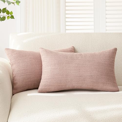 Image of Foindtower Set of 2 Decorative Textured Burlap Linen Throw Pillow Covers Farmhouse Boho Lumbar Cushion Cover Solid Accent Pillowcase for Couch Sofa Bed Living Room Home Decor,12x20 Inch,Dusty Pink