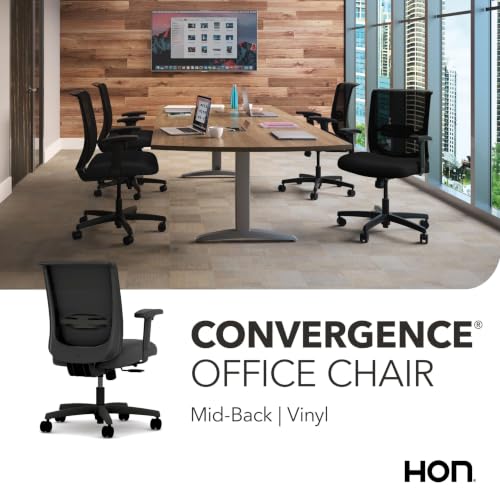 Image of HON Convergence Ergonomic Office Chair with Mesh Back, Vinyl Seat Cushion, Adjustable Arms, Lumbar Support, Synchro‑Tilt Swivel Desk Chair with Wheels for Home Office, Black Frame, Black
