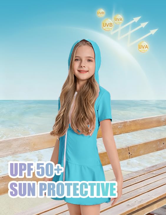 Image of Girls Sun Protective Swim Cover Up Hooded with Full-Length Zipper Short Sleeve UPF 50+ Beach Dress Coverup