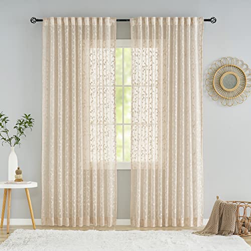 Lace Sheer Curtain for Living Room Bedroom Beige Leaf Buds Pattern 54 Inch Length Drapes Light Filtering Embroidery Elegant Window Treatment Sets for Basement Laundry Room Rod Pocket - Image 2