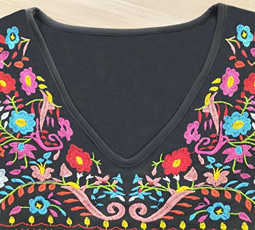 Melliflo Womens Short Sleeve Mexican Shirts Pleated Front Floral Embroidered Tee Shirt Loose Peasant Tunic Tops3