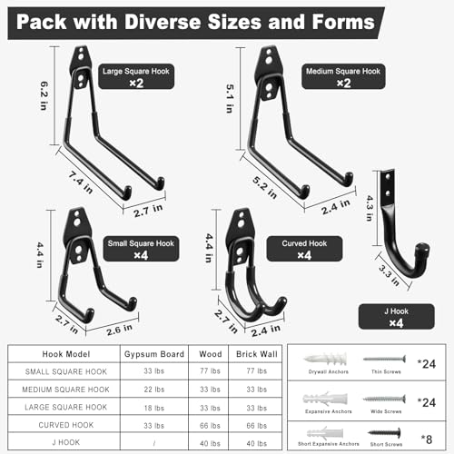 LANDNEOO-Garage-Hooks-20-Pack-Steel-Garage-Accessories-for-Organization-and-Storage-Heavy-Wall-Mount-Duty-Hooks-with-Anti-Slip-Coating-for-Hanging-Ladder-Bike-Power-Tools-and-More-Tools-Black