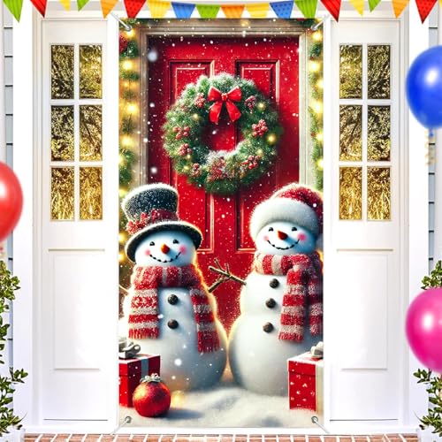 Image of BlissYard Door Cover Snowman Pair Pine Greenery 35x71 Inch Polyester | Door Banner, Wall Decor | Snowman Pair Accent, Pine Greenery Backdrop | Porch, Hallway, Party (Winter Art)
