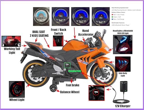 Image of Wishmaster Kids Battery Operated Ride-On Super Bike | Electric Rechargeable Bike for Boys & Girls 2-8 Years | Lights, Music, Training Wheels, | 100% Ready to Use Assembled (Blaze Orange)