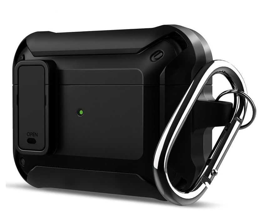 Image of Hybrid Lock Armor Case Cover for Apple Airpods Pro 3 (2025), Rugged, Shockproof, with Heavy Duty Carabiner (Armor Black with Lock)