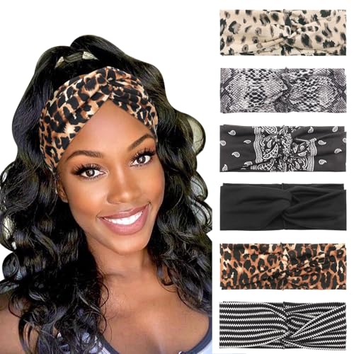 Image of DRESHOW 6 Pack Boho Non-Slip Headbands for Women Girls Yoga Workout Running Knotted Turban Floral Printed Elastic Head Wrap