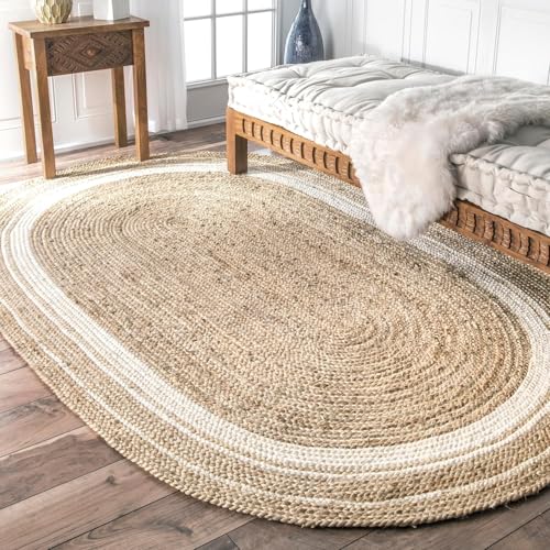 Hand Braided Off White Stripes Oval Jute Area Rug Rustic Natural Jute Rug for Farmhouse, Bedroom, Living Room, Dining Room, Hallway, Kitchen, Entryway, Patio (10x14 Feet (120x 68 Inch)/(300x420 cm)) - Image 2