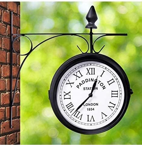 Double Sided Wall Clock, Garden Clocks Outdoor Waterproof Retro Stand Clock Paddington Station Wall Clock Vintage Antique-Look Bracket Indoor, Metallic