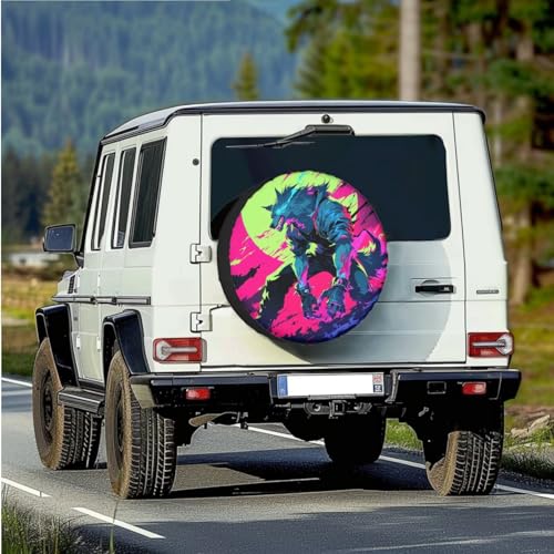 Image of 14 inch Spare Tire Cover PU Leather, Werewolf Spare Wheel Waterproof Protectors Universal for SUV, Truck, Trailer, RV, Camper, 5 Sizes from 14-18 Inches (18 inch Fits Tire Diameter 33 inch-34 inch)