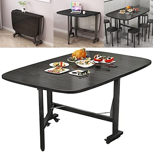 Rukulin Drop Leaf Dining Table – Solid Wooden Foldable Kitchen Table with 6 Wheels for Dining Room (Black)
